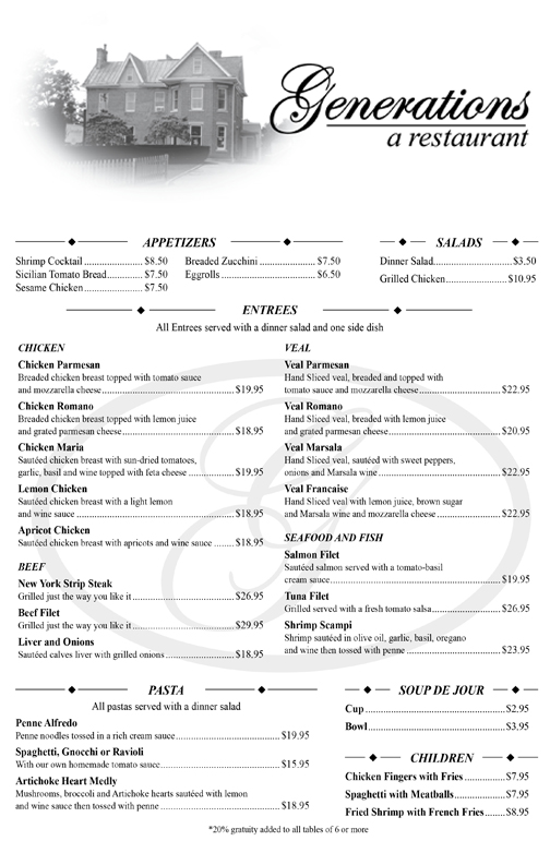 The original printed Generations menu with appetizers, salads, entrees, pasta, soup and children's dishes and their prices